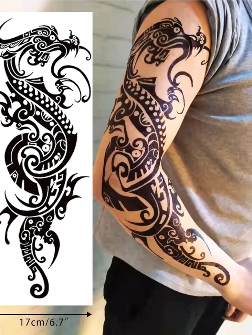 Black Tribal Dragon Full Arm Tattoo Sleeve